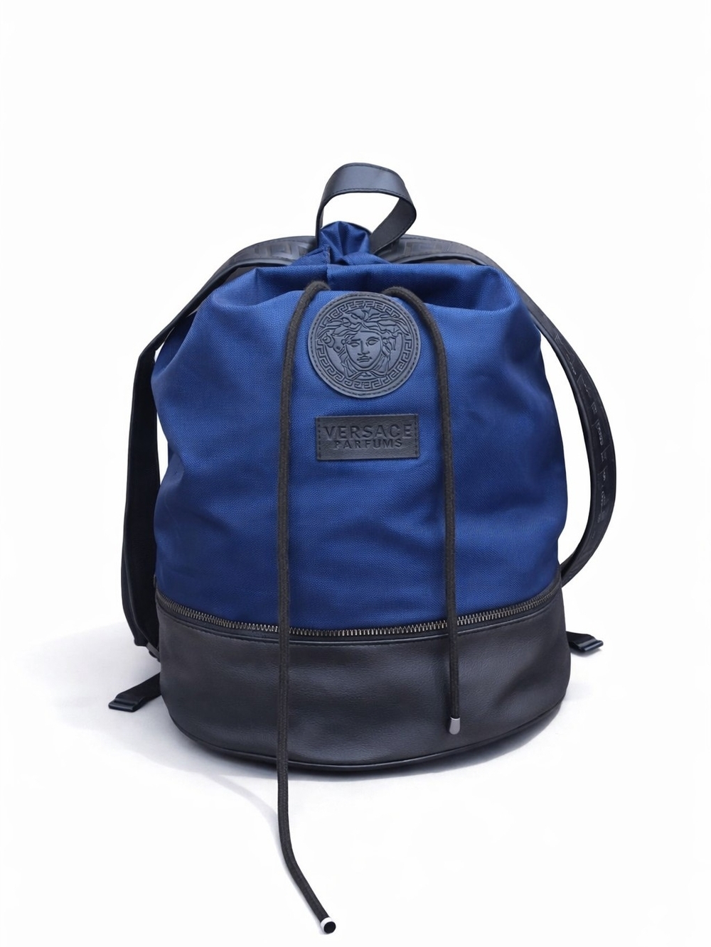 Versace Blue and Black Canvas & Leather Drawstring Backpack